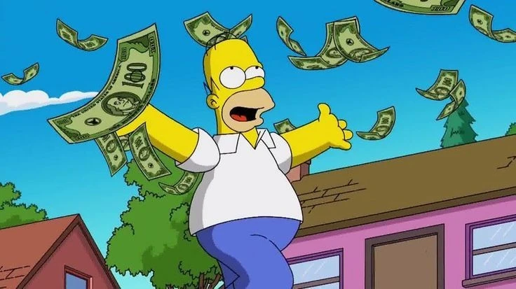 a cartoon character with money falling from his arms